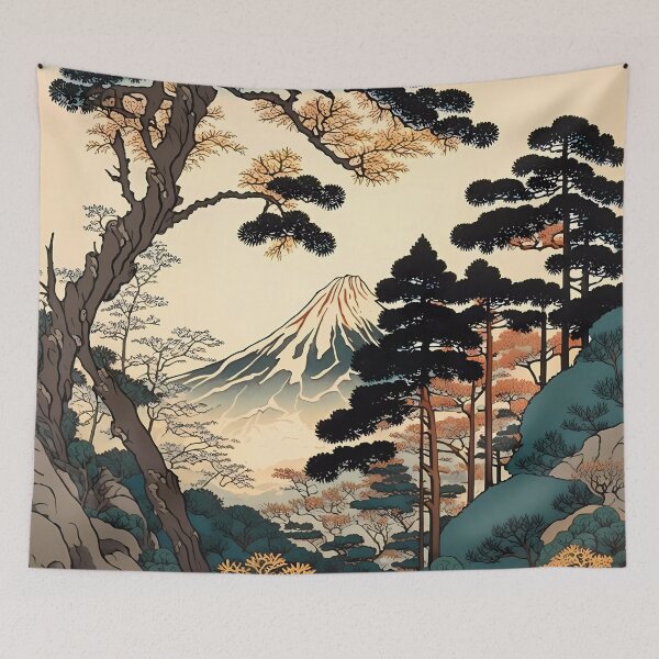 Item preview, Ukiyo e style painting of Mount Fuji with large green trees designed and sold by Powercat Graphic Arts.