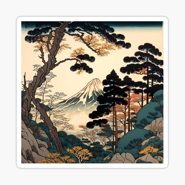 Item preview, Ukiyo e style painting of Mount Fuji with large green trees designed and sold by Powercat Graphic Arts.