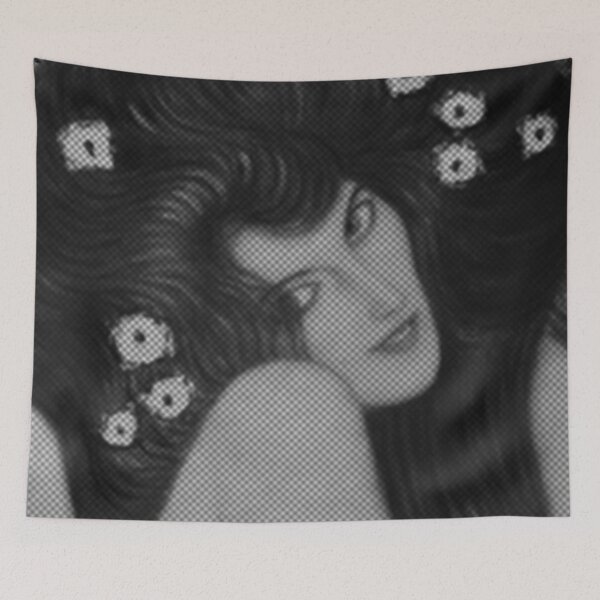 Item preview, Black and White Gustav Klimt Woman with Flowers in Her Long Hair Beethoven Friese Painting Monochromatic Halftone Effect Edit by Veda Graphic Abstract designed and sold by kattakitty.