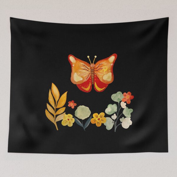 Item preview, Butterfly leaves red flower design a watercolor black designed and sold by Yana Mustafina | Boho Soulful Designs.
