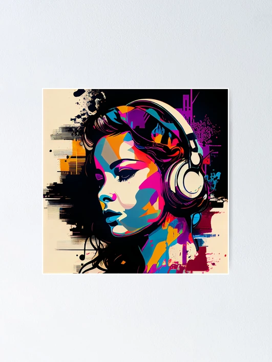 Beautiful music Girl with Headphones in the Style of Pop Art