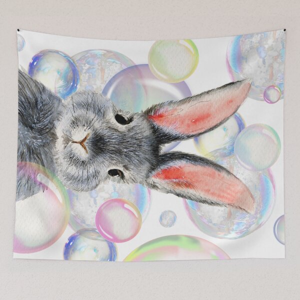 Item preview, Cute bunny with colorful soap bubbles designed and sold by MaryWatercolor.
