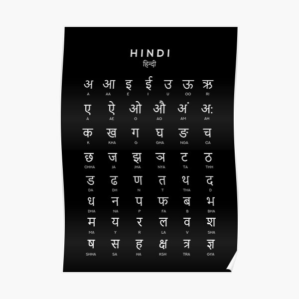 "Hindi Alphabet Chart, Hindi Varnamala Language Chart, Black" Poster ...