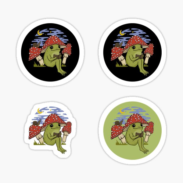 Cute Cottagecore Frog Mushroom Hat Reading Book - Goblincore Toad Bookworm Snail Toadstool - Happy Bookish Froge Under Night Sky - Fairycore Psychedelic Vintage Froggy Sticker