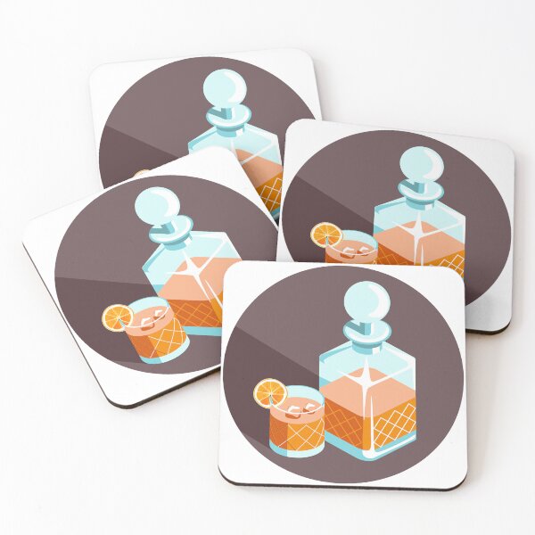 Item preview, and drawn vector illustration of a decanter and a glass of whiskey or brandy cocktail with a citrus orange slice designed and sold by Familyshmot.