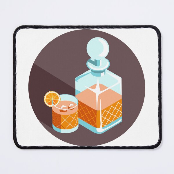 Item preview, and drawn vector illustration of a decanter and a glass of whiskey or brandy cocktail with a citrus orange slice designed and sold by Familyshmot.