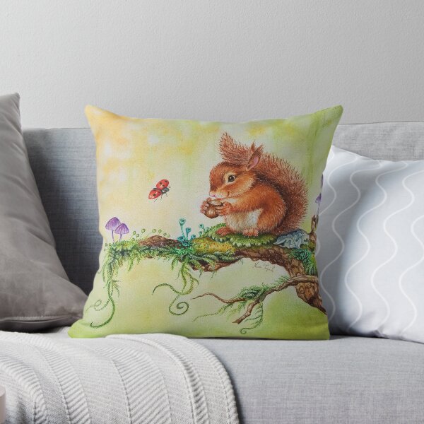 Squirrel and ladybug by Maria Tiqwah Throw Pillow