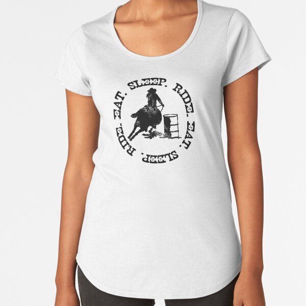 EAT SLEEP RIDE - Distressed Barrel Horse Female Rider Premium Scoop T-Shirt