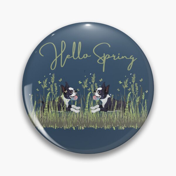 Item preview, Boston Terrier Dog in Meadow with Hello Spring Sign designed and sold by SeasonalDogs.