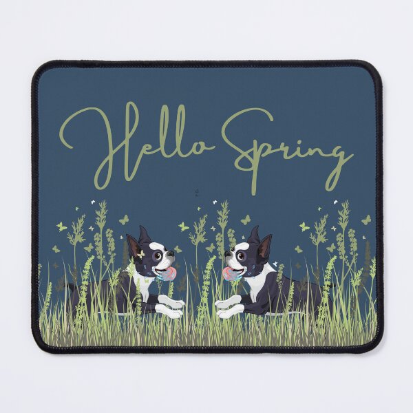 Item preview, Boston Terrier Dog in Meadow with Hello Spring Sign designed and sold by SeasonalDogs.