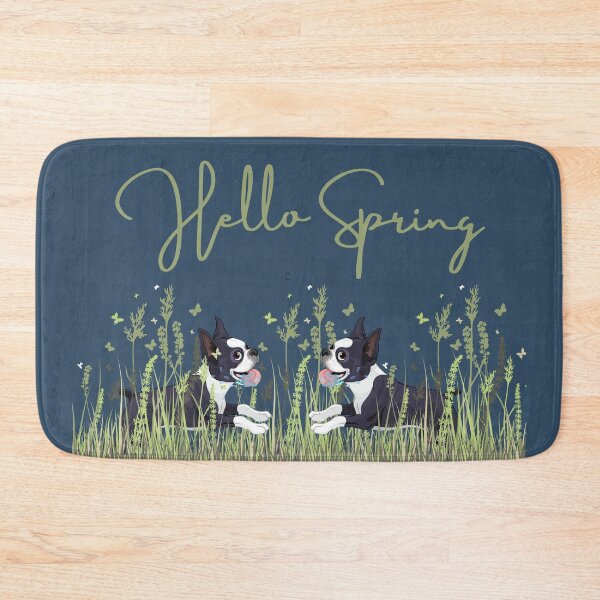 Item preview, Boston Terrier Dog in Meadow with Hello Spring Sign designed and sold by SeasonalDogs.