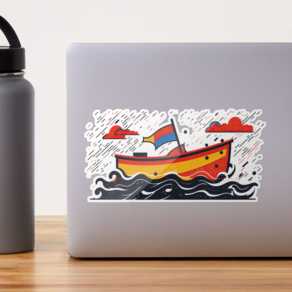 Always all at sea. Small boat. Sticker for Sale by DEGryps