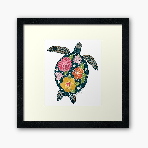 Sea Turtle Floral Silhouette Framed Art Print