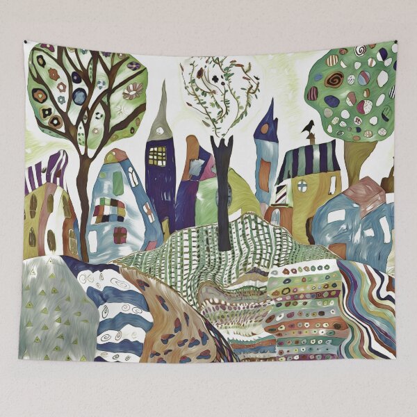 Item preview, Fun Whimsical abstract art, colourful trees and town with designs patterns  designed and sold by Inktown.