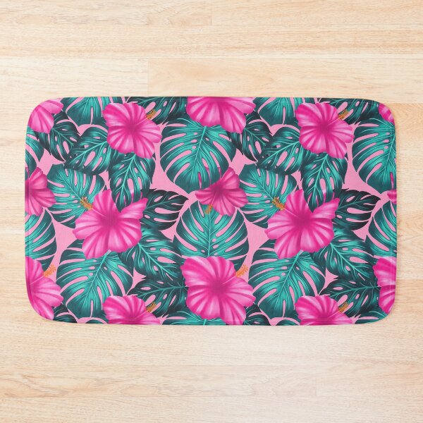 Item preview, Monstera Leaves and Hibiscus, Teal and Pink on Pink designed and sold by Guided by Light Art.
