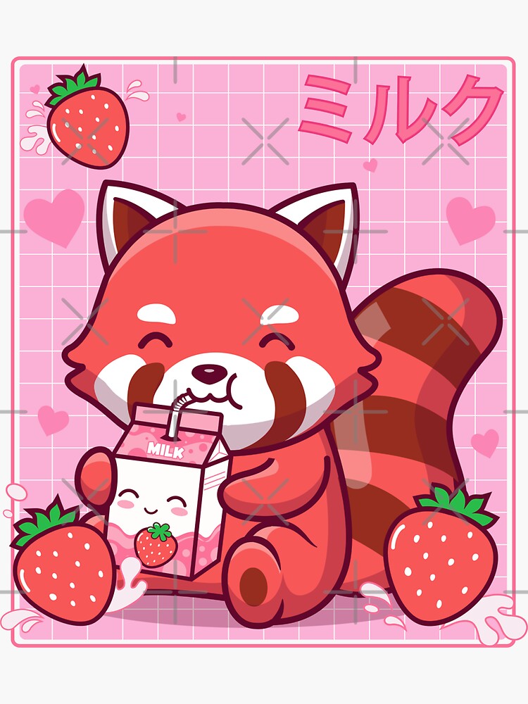 Retro Kawaii Panda with strawberry milk carton' Sticker