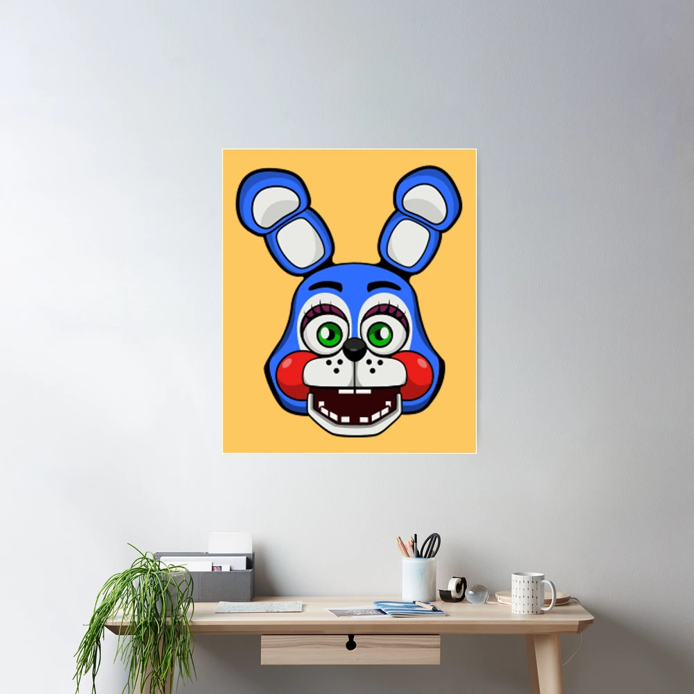 Digital, very vibrant, icon art, 2d, cartoon, anime, vintage 1980's  advertisement poster, up close floating head portrait of, fnaf, adorable  and chibi bonnie the bunny, smiling, centered in the middle, with a