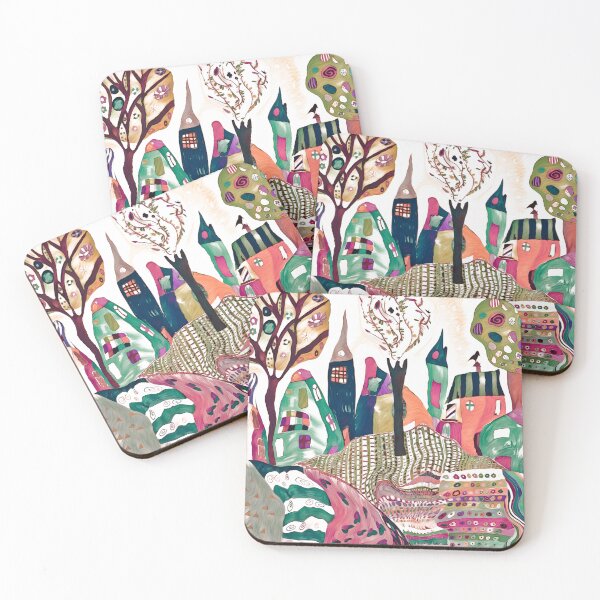 Item preview, Fun Whimsical abstract art, colourful trees and town with designs patterns  designed and sold by Inktown.