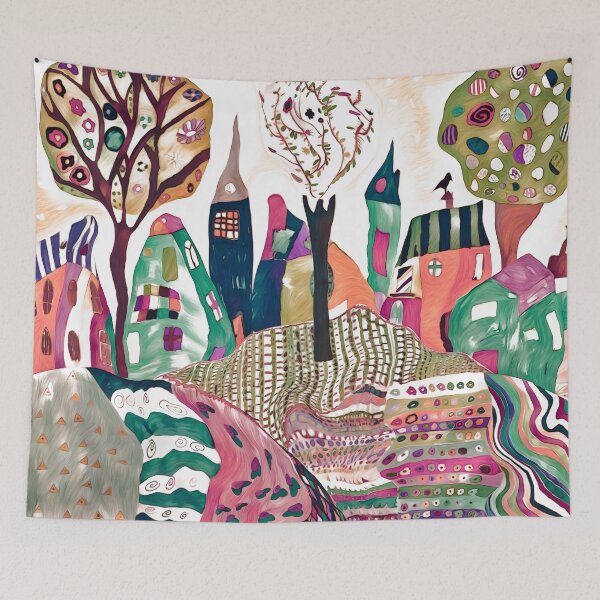 Item preview, Fun Whimsical abstract art, colourful trees and town with designs patterns  designed and sold by Inktown.