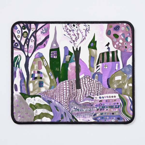 Item preview, Fun Whimsical abstract art, colourful trees and town with designs patterns purple designed and sold by Inktown.