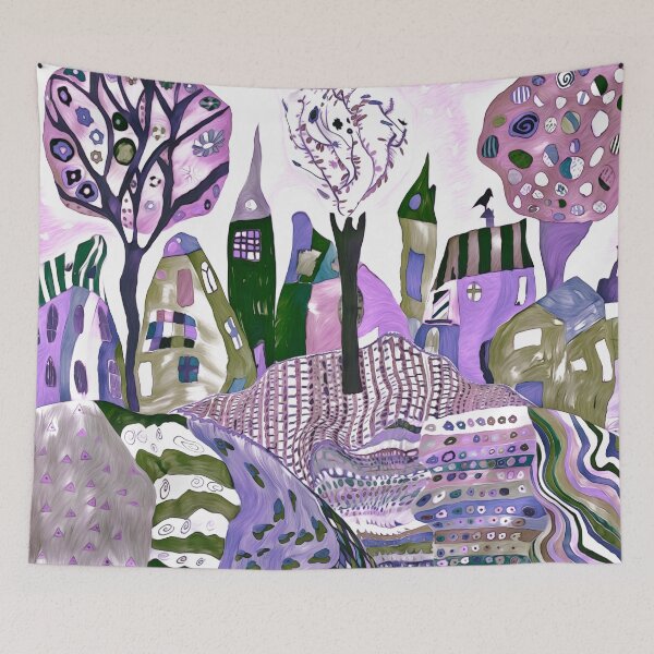 Item preview, Fun Whimsical abstract art, colourful trees and town with designs patterns purple designed and sold by Inktown.