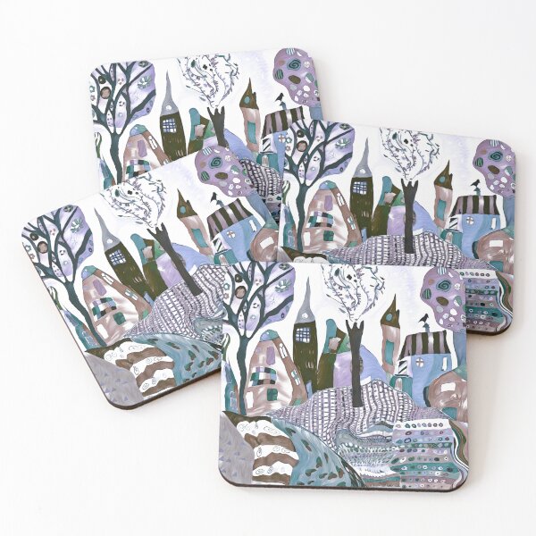 Item preview, Fun Whimsical abstract art, colourful trees and town with designs patterns blue purple designed and sold by Inktown.
