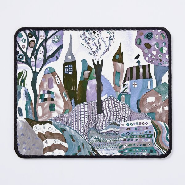 Item preview, Fun Whimsical abstract art, colourful trees and town with designs patterns blue purple designed and sold by Inktown.