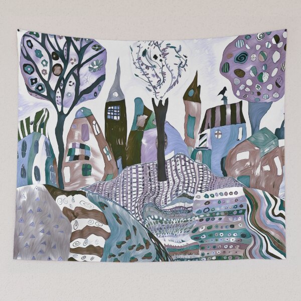 Item preview, Fun Whimsical abstract art, colourful trees and town with designs patterns blue purple designed and sold by Inktown.