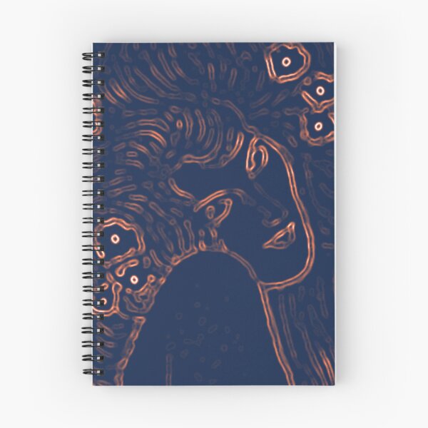 Artikelvorschau, Gustav Klimt Amber Orange und Navy Blue Black - eine Frau mit Blumen in ihrem langen Haar Beethoven Friese Painting Monochromatic Digital Effects Edit by Veda Abstract Graphic entworfen und verkauft von kattakitty.