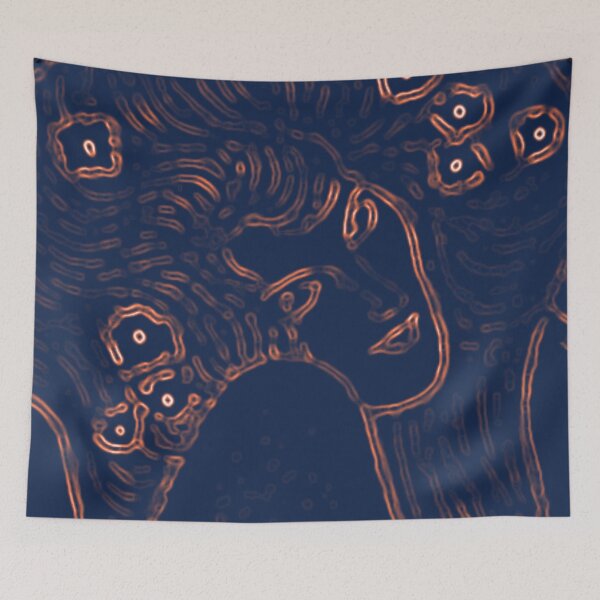 Item preview, Gustav Klimt Amber Orange and Navy Blue Black - a Woman with Flowers in Her Long Hair Beethoven Friese Painting Monochromatic Digital Effects Edit by Veda Abstract Graphic designed and sold by kattakitty.