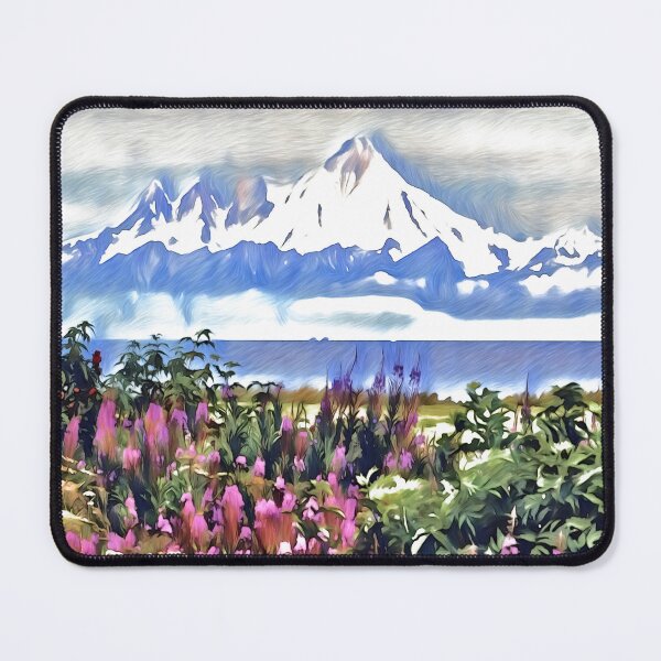 Item preview, Wildflowers and mountains art blue and pink designed and sold by Inktown.