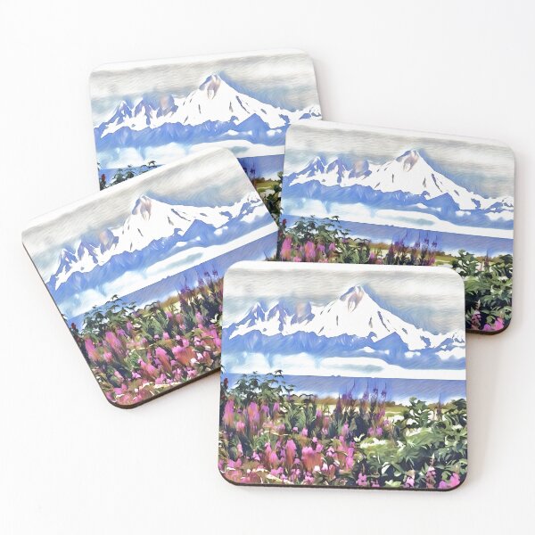 Item preview, Wildflowers and mountains art blue and pink  designed and sold by Inktown.