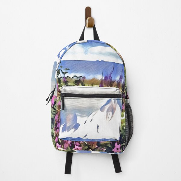 Item preview, Wildflowers and mountains art blue and pink designed and sold by Inktown.