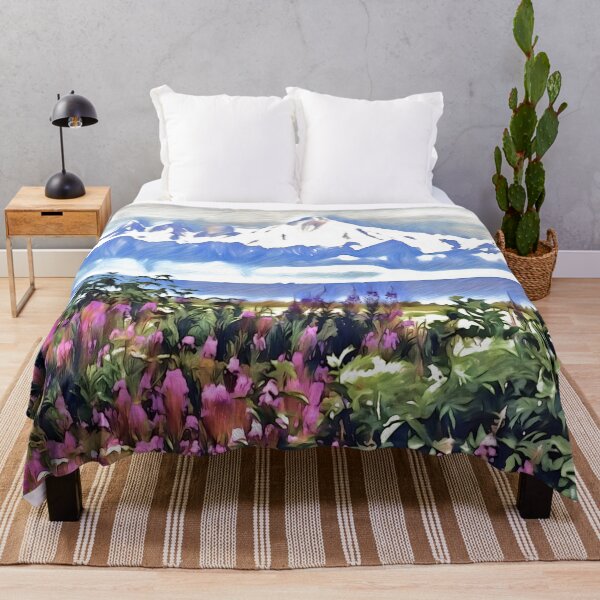 Item preview, Wildflowers and mountains art blue and pink  designed and sold by Inktown.