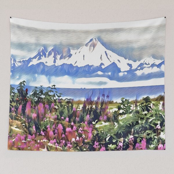 Item preview, Wildflowers and mountains art blue and pink  designed and sold by Inktown.