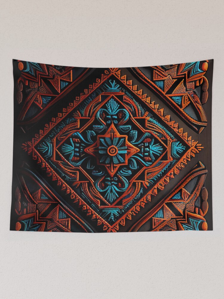 Aperçu 2 sur 3. Tentures avec l'œuvre Dark Ancient Crafty Three Dimensional Southwestern Pattern Digital Painting créée et vendue par CodeAndColors.