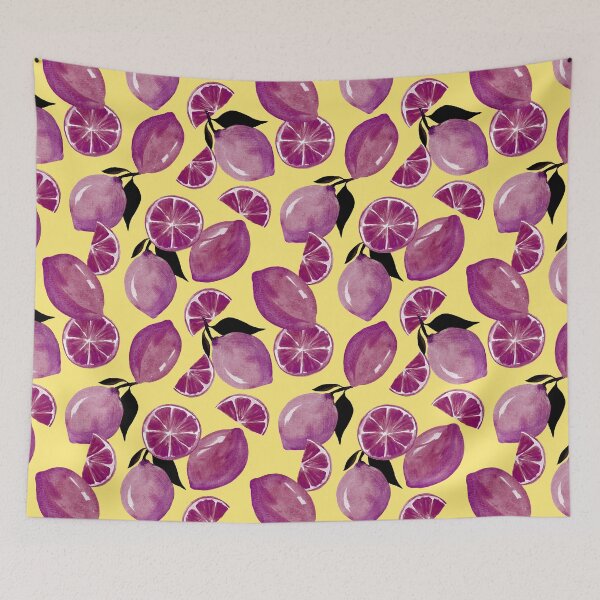 Item preview, Purple lemons on yellow backround fruit pattern designed and sold by pinkyfish1010.