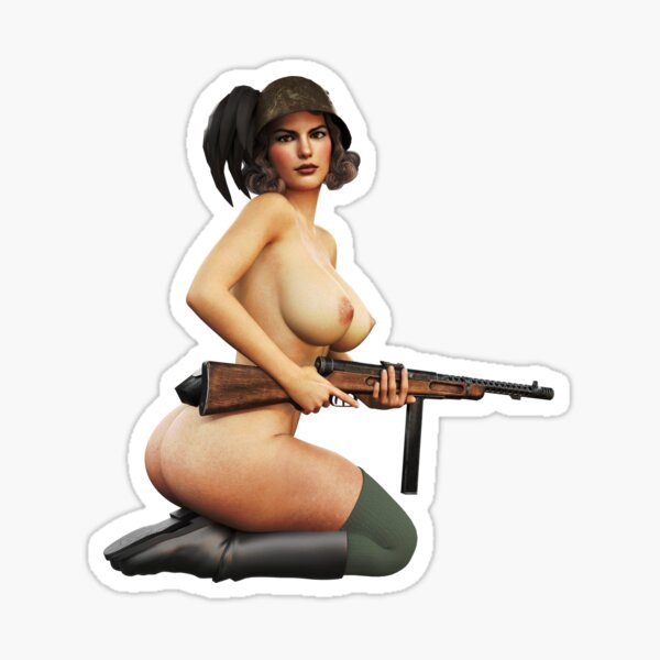 TOPLESS WW2 Italian Bersaglieri Pinup Girl Holding MAB 38 (Version 2( Sticker