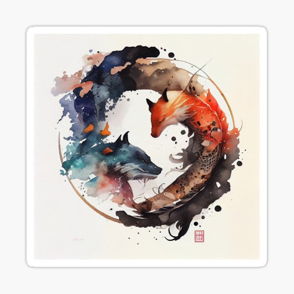 Vista previa del artículo con la obra «Ying/Yang watercolor fox wolf», diseñado y vendido por Prozeum.