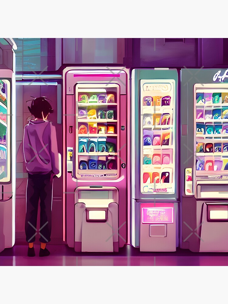 anime screenshot of cyberpunk vending machine shop interior,neon glow,  winter Stock Illustration | Adobe Stock
