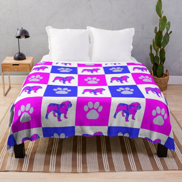 Item preview, English Bulldog Dog & Paw Print Crazy Hot Pink & Blue Swirls designed and sold by AMSonArt.
