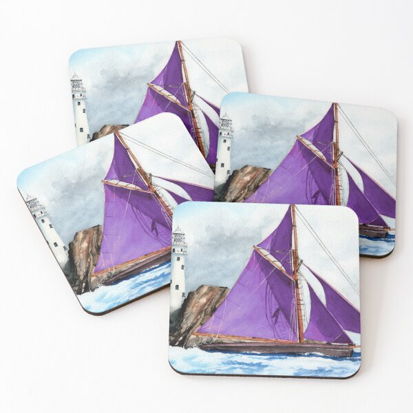 Item preview, A sailing ship with purple sails in a stormy sea designed and sold by MaryWatercolor.