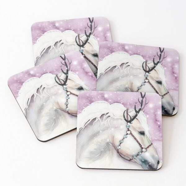 Item preview, Watercolor white horse with bells on the harness ona a pink background designed and sold by MaryWatercolor.