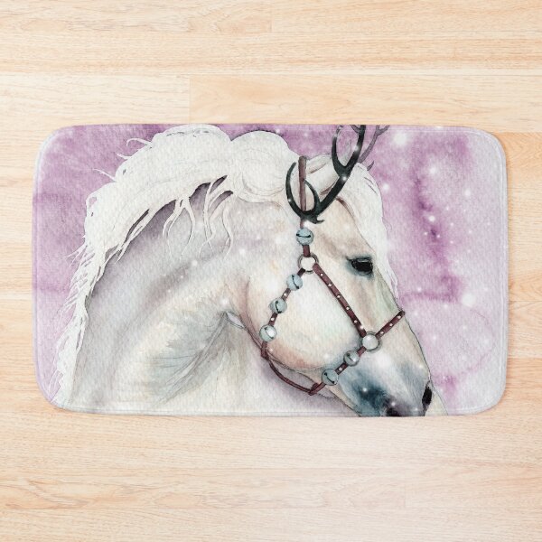 Item preview, Watercolor white horse with bells on the harness ona a pink background designed and sold by MaryWatercolor.