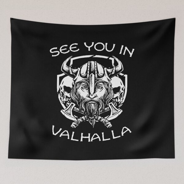 Item preview, A Viking with a horned helmet and skulls in the background - See you in Valhalla designed and sold by velisani.