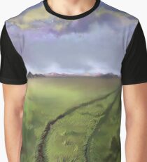 Grassy field paddock with beautful clouds Mountain sunset scene with offroad car tracks L5r. best selling, top selling redbubble art Graphic T-Shirt