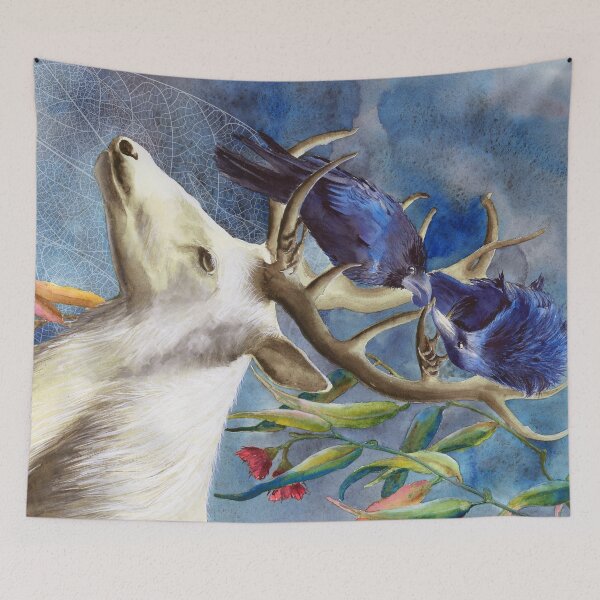 Item preview, Watercolor deer with two black ravens designed and sold by MaryWatercolor.