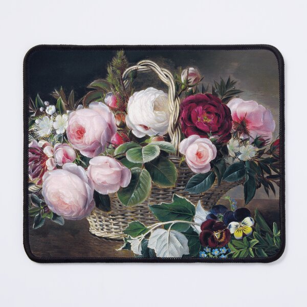 Item preview, Roses, myrtles and honeysuckles in a basket with forget-me-nots and field pansies | Johan Laurentz Jensen designed and sold by LaMadeleine.
