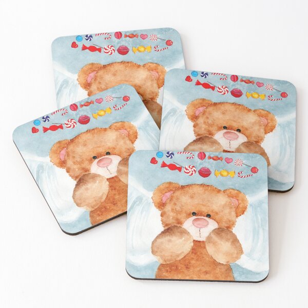 Item preview, Watercolor cute brown teddy bear with colorful candies designed and sold by MaryWatercolor.