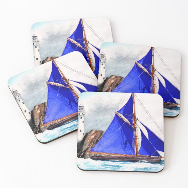 Item preview, Sailing ship with blue sails in a stormy sea designed and sold by MaryWatercolor.